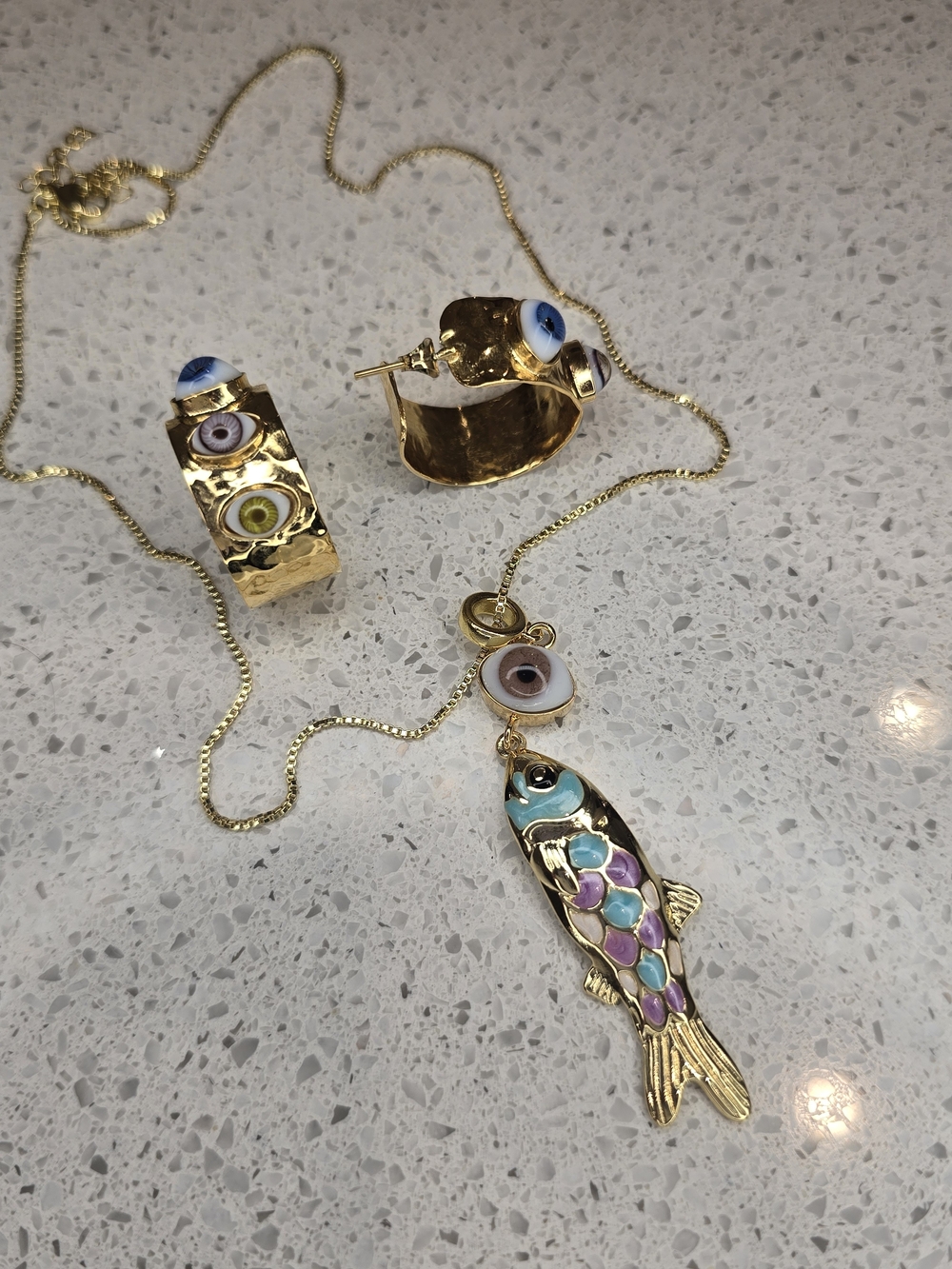 Glass Eye Fish Necklace & Hoop Earrings Set
